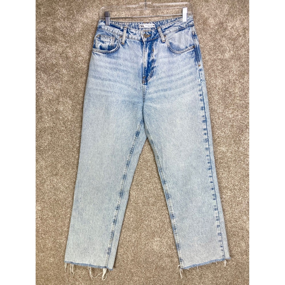 Zara High Rise Straight Leg Jeans Womens 6 Light Blue Raw Hem Streetwear Denim